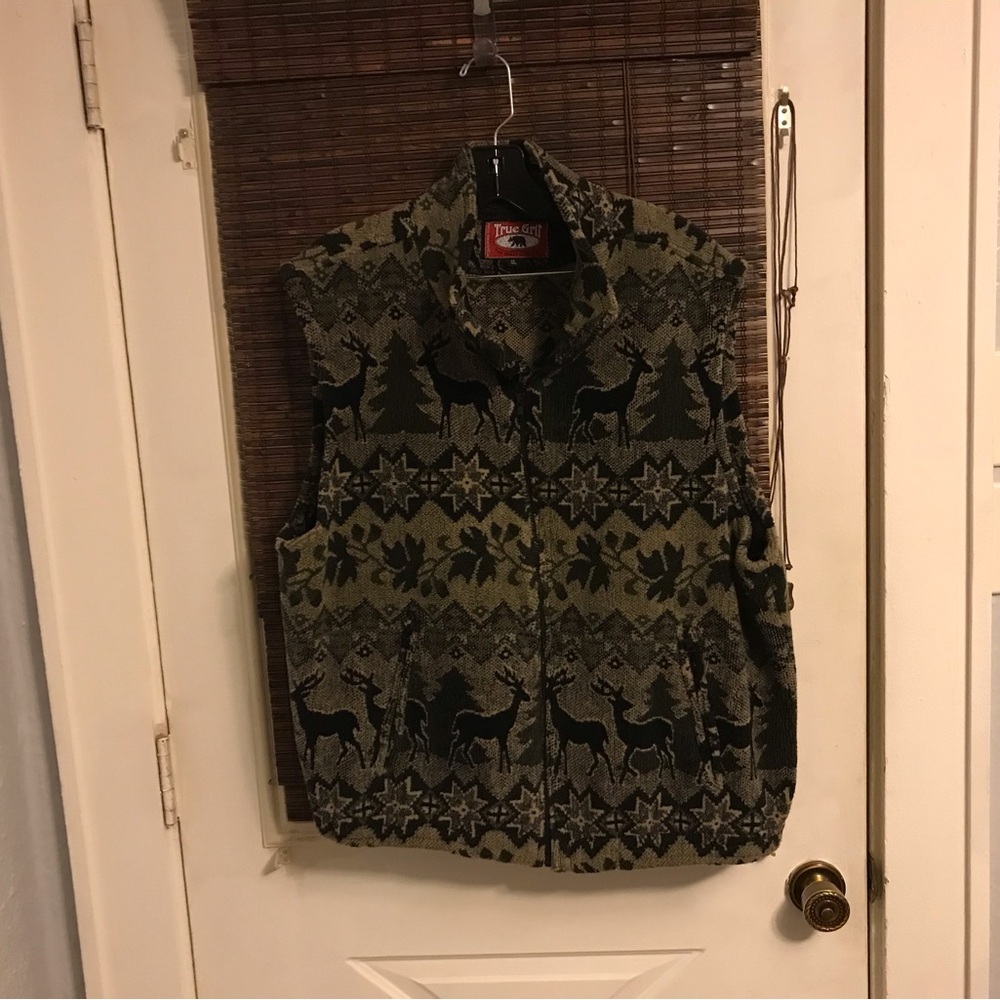 True Grit Mens Deer Hunting Vest Sweater XL Full Zip Pockets Fleece